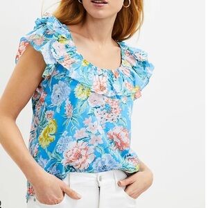 LOFT Petite Garden Ruffle Shell Top Floral Print Flutter Sleeve LP